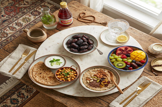 Healthy Pakistani Suhoor and Iftar table setting with fresh dates and water