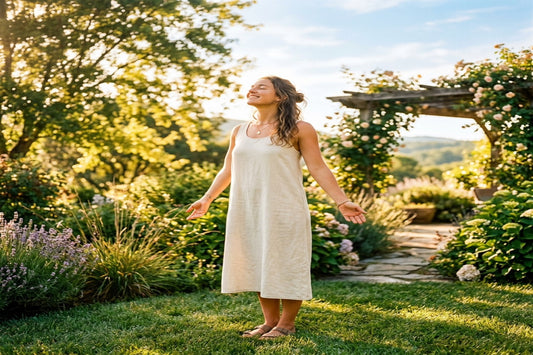 Healthy woman absorbing morning sunlight outdoors for Vitamin D synthesis