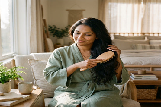 Beautiful South Asian mother gently brushing her hair after pregnancy