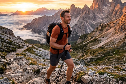 An athletic man hiking a mountain at sunrise, symbolizing stamina and natural vitality.
