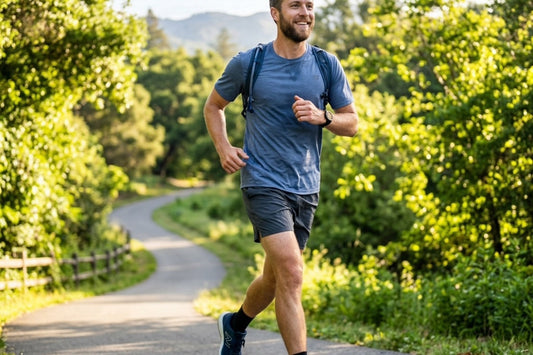 A healthy man demonstrating vitality and stamina outdoors, representing male reproductive health and natural fertility support.