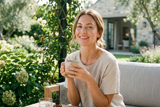 A radiant, confident woman with glowing, clear skin applying her premium skincare routine in a bright, sunny environment, representing wellness and natural beauty.