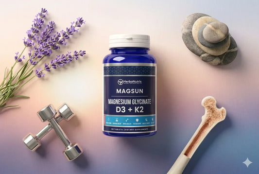 MAGSUN Magnesium Glycinate D3+K2 supplement bottle surrounded by wellness elements representing sleep, muscle recovery, and bone health