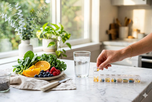 Daily multivitamin supplement routine with fresh fruits and water on marble countertop - nutritional wellness lifestyle