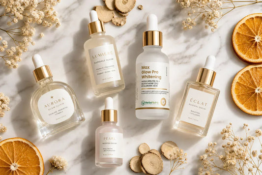 Top 10 whitening serums flat-lay on marble — best brightening serums Pakistan 2026
