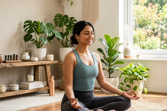 Serene Pakistani woman practicing yoga for hormonal balance and PCOS management