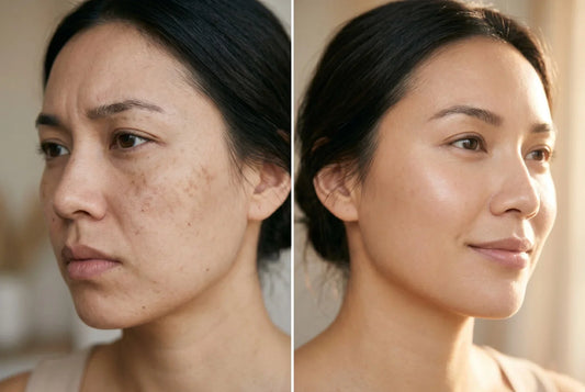 A split-screen portrait comparing a woman’s cheek with visible dark spots and dull texture to her radiant, even-toned, glowing skin in soft morning sunlight.