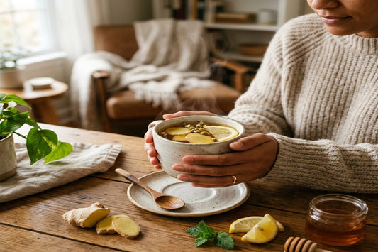 Person recovering naturally with a warm mug of herbal ginger tea