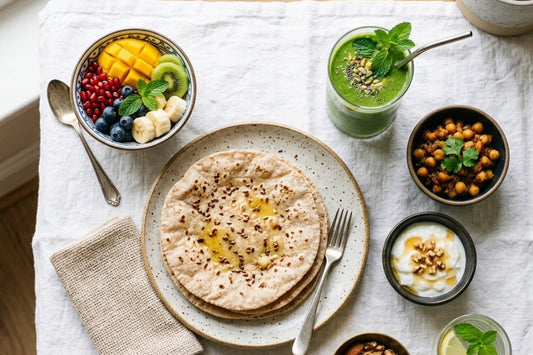 Healthy Pakistani breakfast for weight loss featuring roti and fresh foods