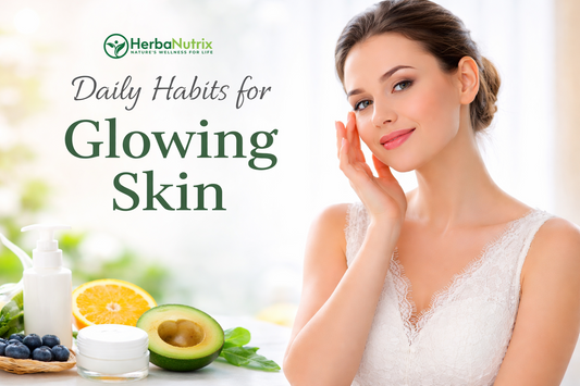 Woman in a modest dress smiling with glowing skin, representing healthy skincare and natural radiance.