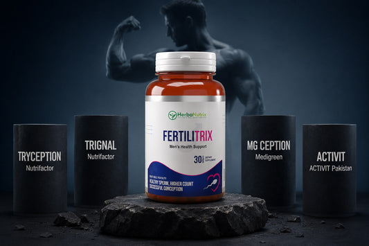 Top 5 men's power supplements in Pakistan 2026 — capsules and natural ingredients displayed on a dark surface with green herbal elements | HerbaNutrix