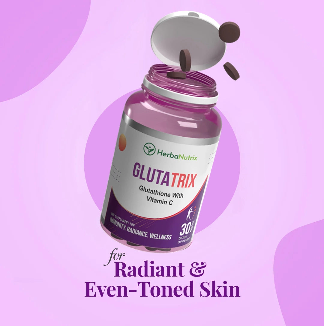 A bottle of Glutatrix supplement, which contains Glutathione and Vitamin C, with the label indicating it is for radiant and even-toned skin.