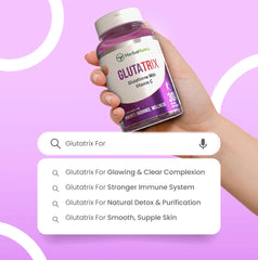A bottle of Glutatrix supplement, which contains Glutathione and Vitamin C, with the label indicating it is for radiant and even-toned skin.