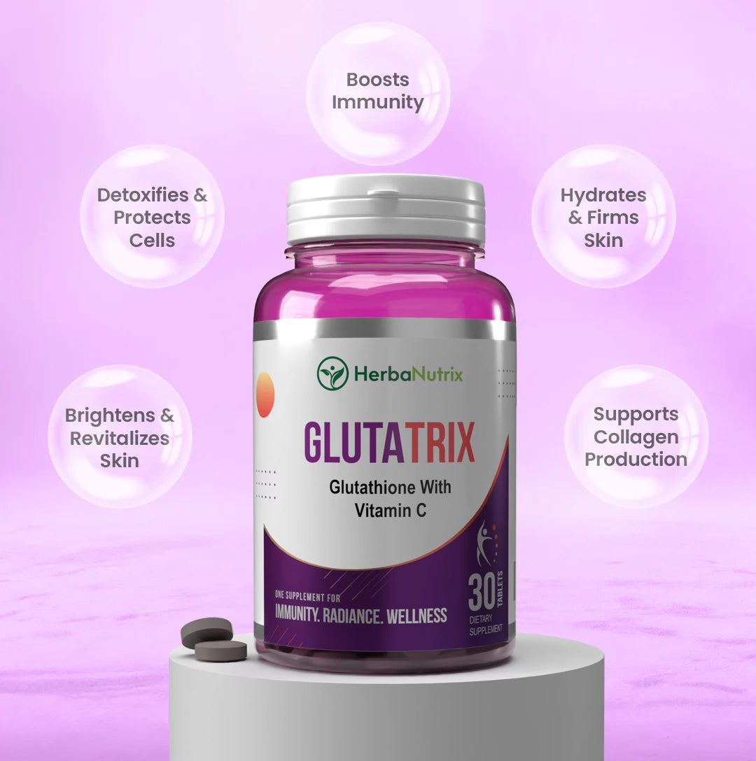 A bottle of Glutatrix supplement, which contains Glutathione and Vitamin C, with the label indicating it is for radiant and even-toned skin.