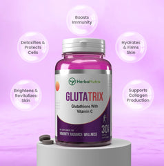 A bottle of Glutatrix supplement, which contains Glutathione and Vitamin C, with the label indicating it is for radiant and even-toned skin.