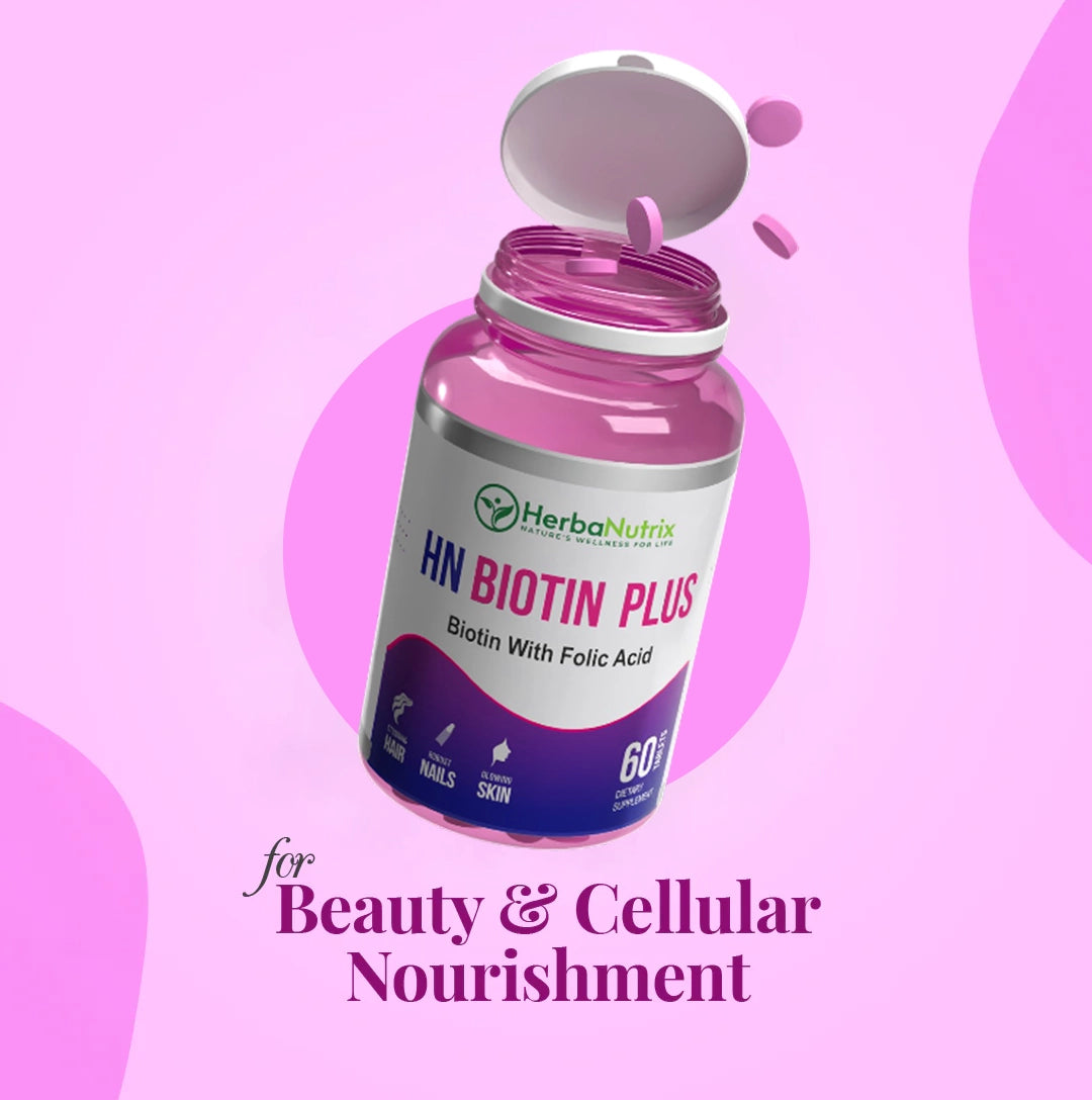 The HN Biotin Plus supplement will assist you in protecting your natural beauty through its dietary components
Use HN Biotin Plus dietary supplement that contains Biotin (USP) 2500 mcg combined with Folic Acid (USP) 800 mcg to grow healthy skin and hair and nails.