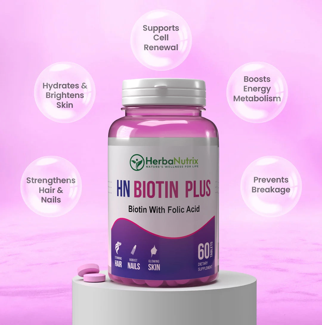 The HN Biotin Plus supplement will assist you in protecting your natural beauty through its dietary components
Use HN Biotin Plus dietary supplement that contains Biotin (USP) 2500 mcg combined with Folic Acid (USP) 800 mcg to grow healthy skin and hair and nails.