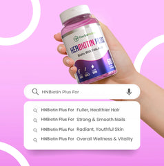 The HN Biotin Plus supplement will assist you in protecting your natural beauty through its dietary components
Use HN Biotin Plus dietary supplement that contains Biotin (USP) 2500 mcg combined with Folic Acid (USP) 800 mcg to grow healthy skin and hair and nails.