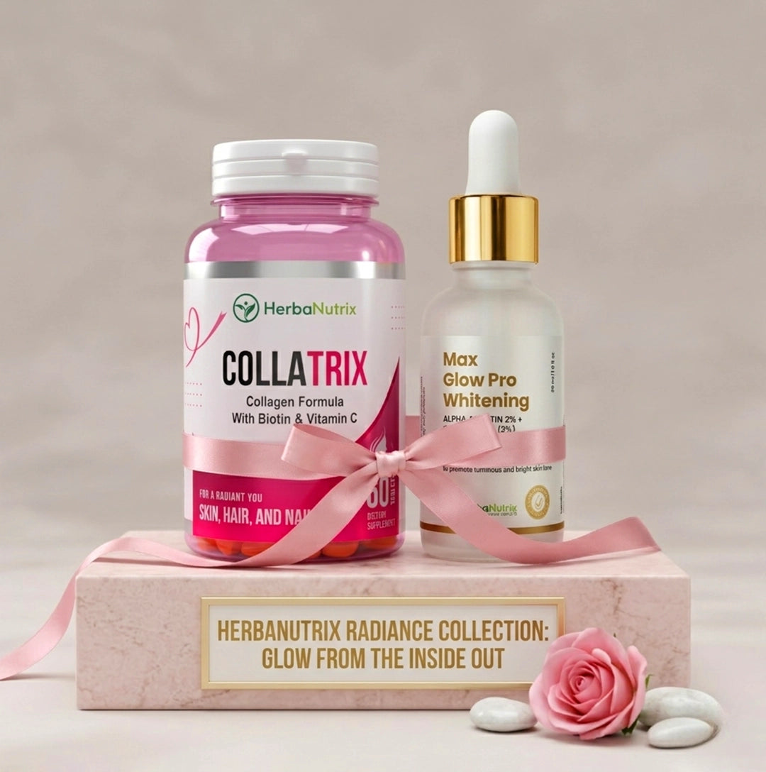 HerbaNutrix Radiance Collection featuring a pink bottle of Collatrix Collagen Formula and a Max Glow Pro Whitening serum bottle tied with a pink ribbon on a marble pedestal.