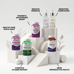 HerbaNutrix Family Wellness Bundle featuring Glutatrix for antioxidants, Multivitarix for vitamins, Fertilitrix for men’s health, Biotin Plus for hair, and Retinol and Vitamin C serums for anti-aging and glowing skin.