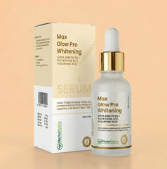 A 30ml bottle and packaging box of HerbaNutrix Max Glow Pro Whitening Serum featuring 2% Alpha Arbutin, Glutathione, and Hyaluronic Acid for skin brightening.