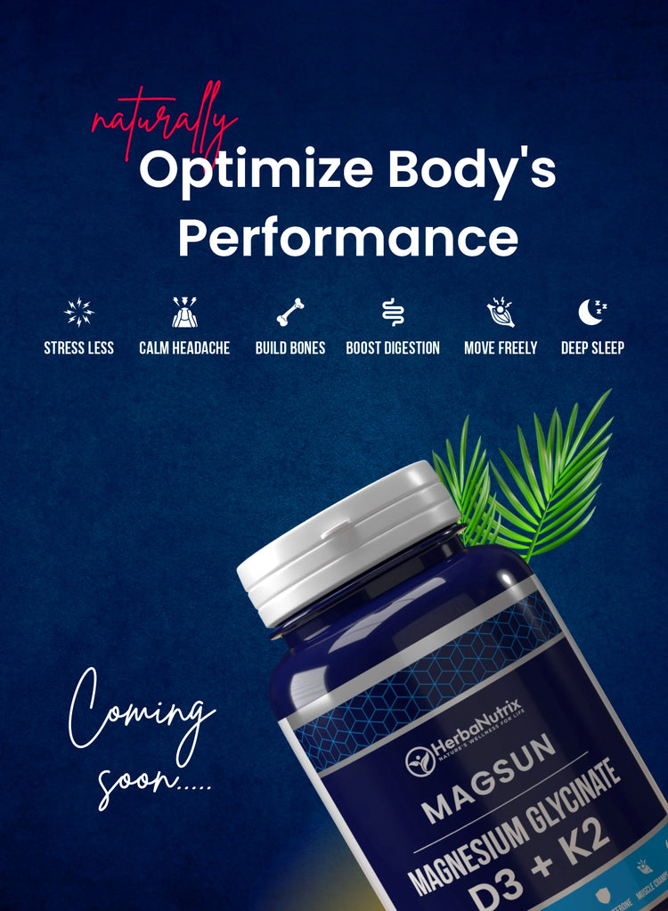 HerbaNutrix’s MagSun features Magnesium Glycinate,D3 and K2, a highly bioavailable form of magnesium that the body can absorb and utilize effectively. As a chelated form, Magnesium Glycinate is well-tolerated by digestive system.
This essential mineral acts a cofactor for over 600 plus enzymatic reactions to support various bodily functions, including promoting muscle relaxation, maintaining a calm and balanced mood, and enhancing sleep quality. Additionally, it reduces occasional stress.
