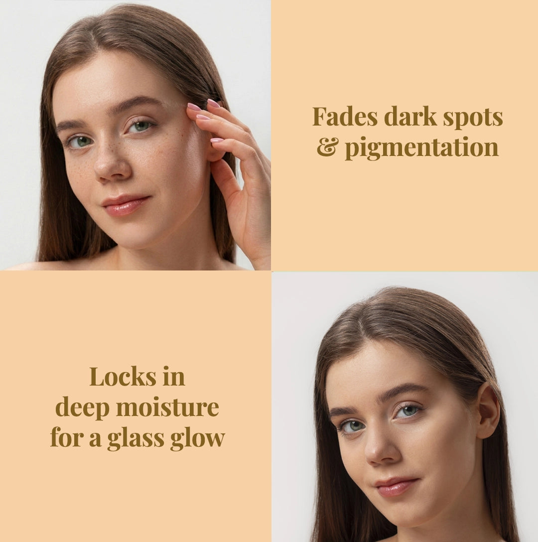 Collage showing a woman with clear skin highlighting the benefits of Max Glow Pro serum: fading dark spots, reducing pigmentation, and achieving a glass glow with deep moisture.