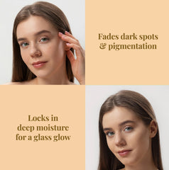 Collage showing a woman with clear skin highlighting the benefits of Max Glow Pro serum: fading dark spots, reducing pigmentation, and achieving a glass glow with deep moisture.