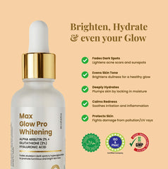 Infographic of Max Glow Pro Whitening Serum listing benefits: lightens acne scars, evens skin tone, calms redness, and protects skin. Includes Halal, ISO, and GMP certified stamps.