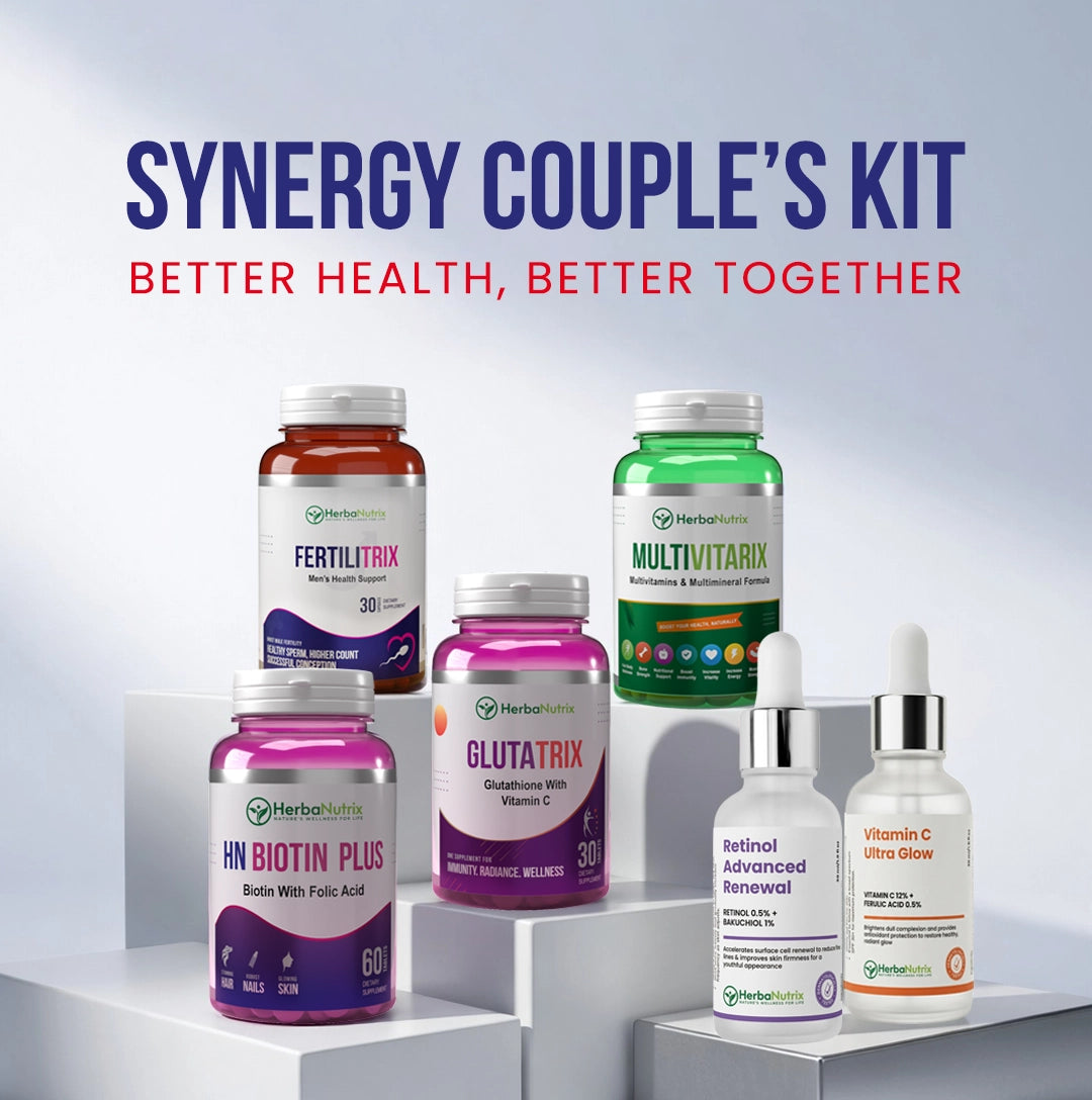 HerbaNutrix Synergy Couple’s Kit - Better Health, Better Together - a comprehensive monthly supplement and skincare package for husband and wife including Fertilitrix, Glutatrix, and Biotin Plus