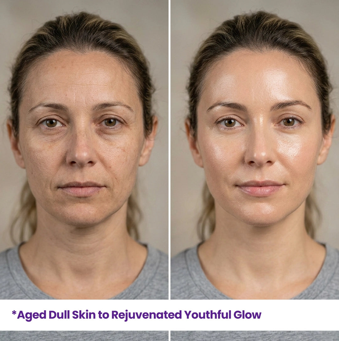 Skin transformation showing aged, dull skin becoming rejuvenated with a youthful glow using HerbaNutrix Retinol Advanced Renewal.