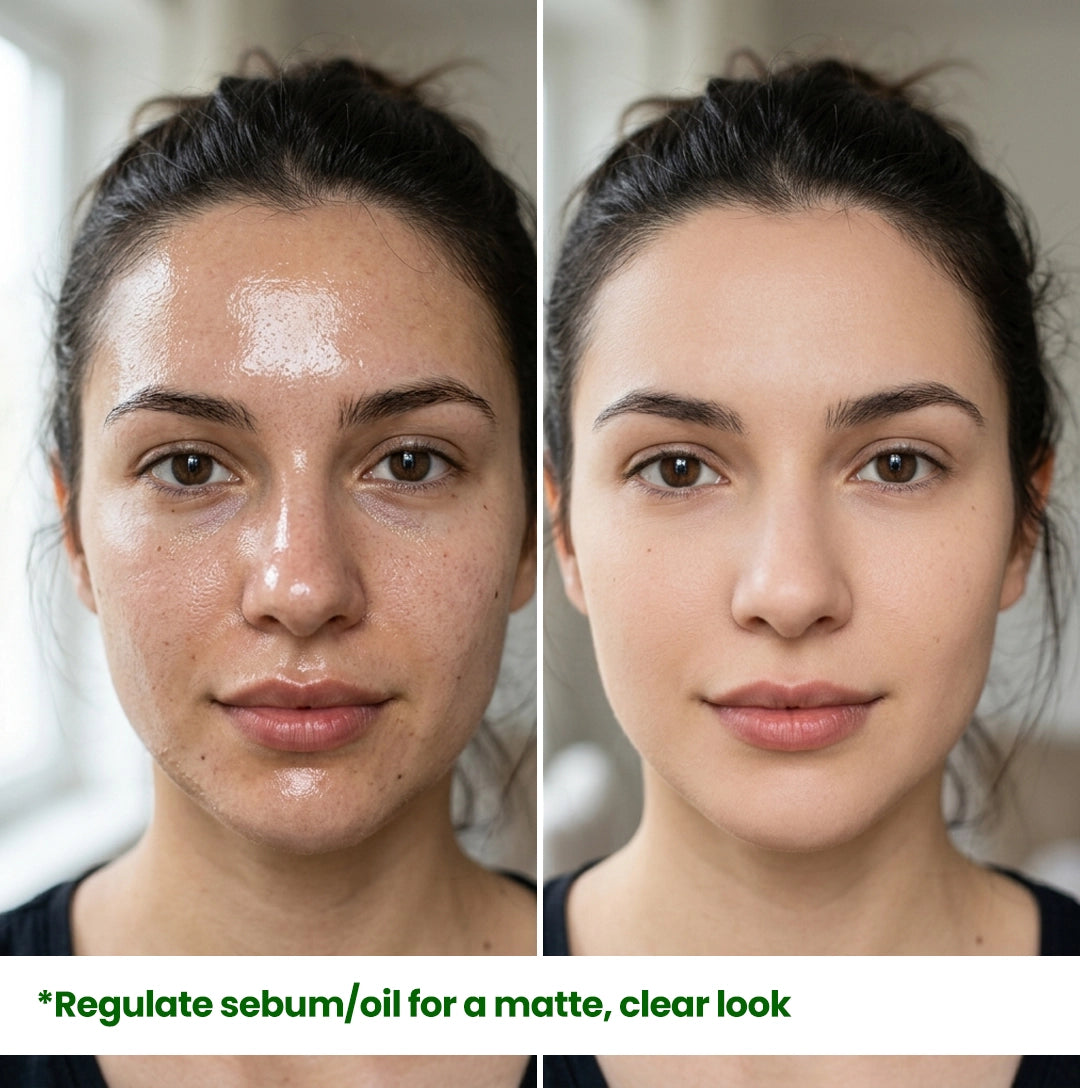 Comparison of oily, shiny skin before and after using HerbaNutrix Niacinamide and Zinc PCA serum, demonstrating immediate sebum regulation for a long-lasting matte and clear facial look.