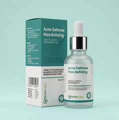 HerbaNutrix Acne Defense Pore Refining Serum with 2% Salicylic Acid and 6% Niacinamide. Professional packaging and bottle for acne-prone skin treatment.