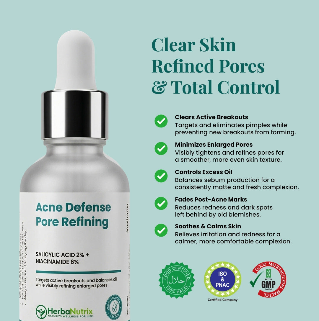 Infographic showing HerbaNutrix serum benefits: clears breakouts, minimizes enlarged pores, controls excess oil, and fades post-acne marks.