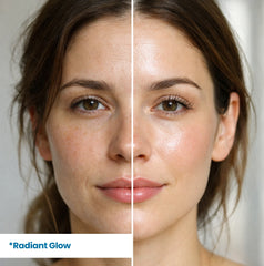 Before and after using HerbaNutrix Hyaluronic Supreme Hydration Serum showing visible radiant glow transformation — dull tired skin becomes dewy, luminous and lit-from-within with 10% Aloe Vera and 2% hyaluronic acid for glowing skin