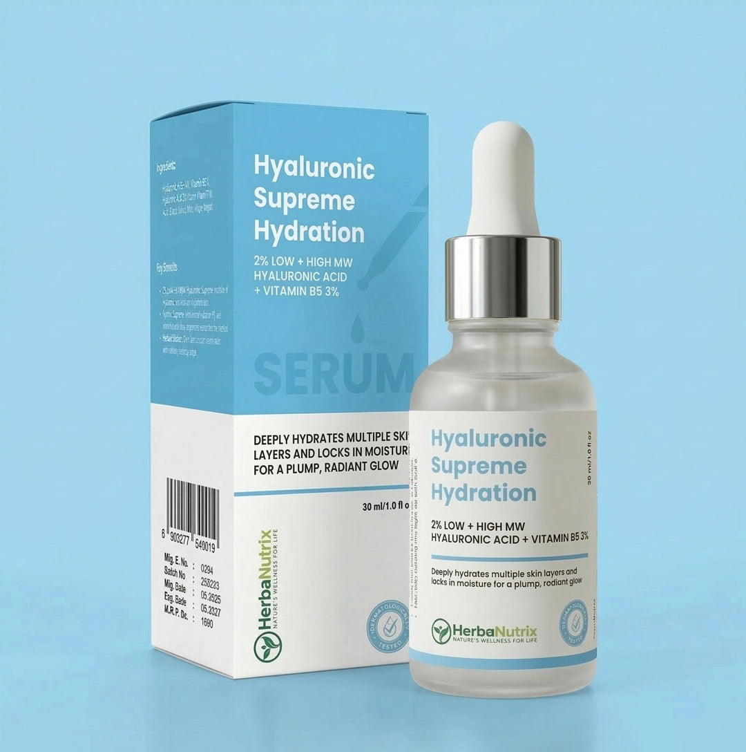 HerbaNutrix Hyaluronic Supreme Hydration Serum 30ml full product packaging — glass dropper bottle with outer box showing 2% Low and High Molecular Weight Hyaluronic Acid plus Vitamin B5 3% formula, dermatologically tested hydrating face serum by HerbaNutrix Pakistan