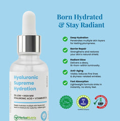 HerbaNutrix Hyaluronic Supreme Hydration Serum 30ml showing 5 key benefits — deep hydration, barrier repair, radiant glow, anti-aging fine line reduction and fast absorption — certified Halal, ISO and PNAC, GMP Good Manufacturing Practice compliant skincare serum Pakistan