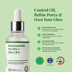 Marketing graphic of HerbaNutrix Niacinamide serum listing benefits like texture refinement and skin comfort, featuring Halal, ISO, and GMP certification seals for quality assurance.