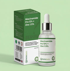Professional 3D mockup of the HerbaNutrix Niacinamide Pro 12% + Zinc 1.5% serum bottle and its green-themed packaging box, 30ml (1.0 fl oz) size.