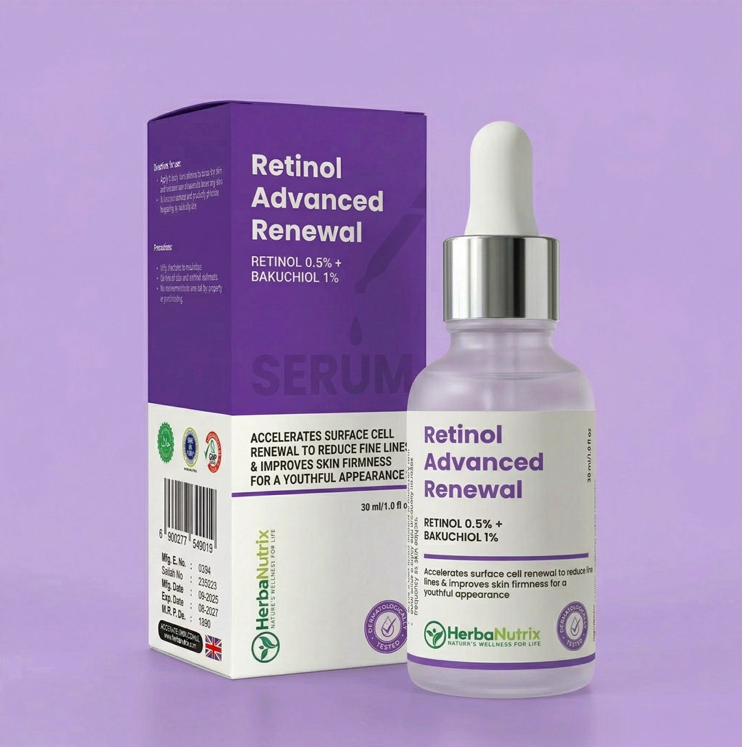 HerbaNutrix Retinol Advanced Renewal Serum bottle and purple packaging box featuring 0.5% Encapsulated Retinol and 1% Bakuchiol for anti-aging skincare.