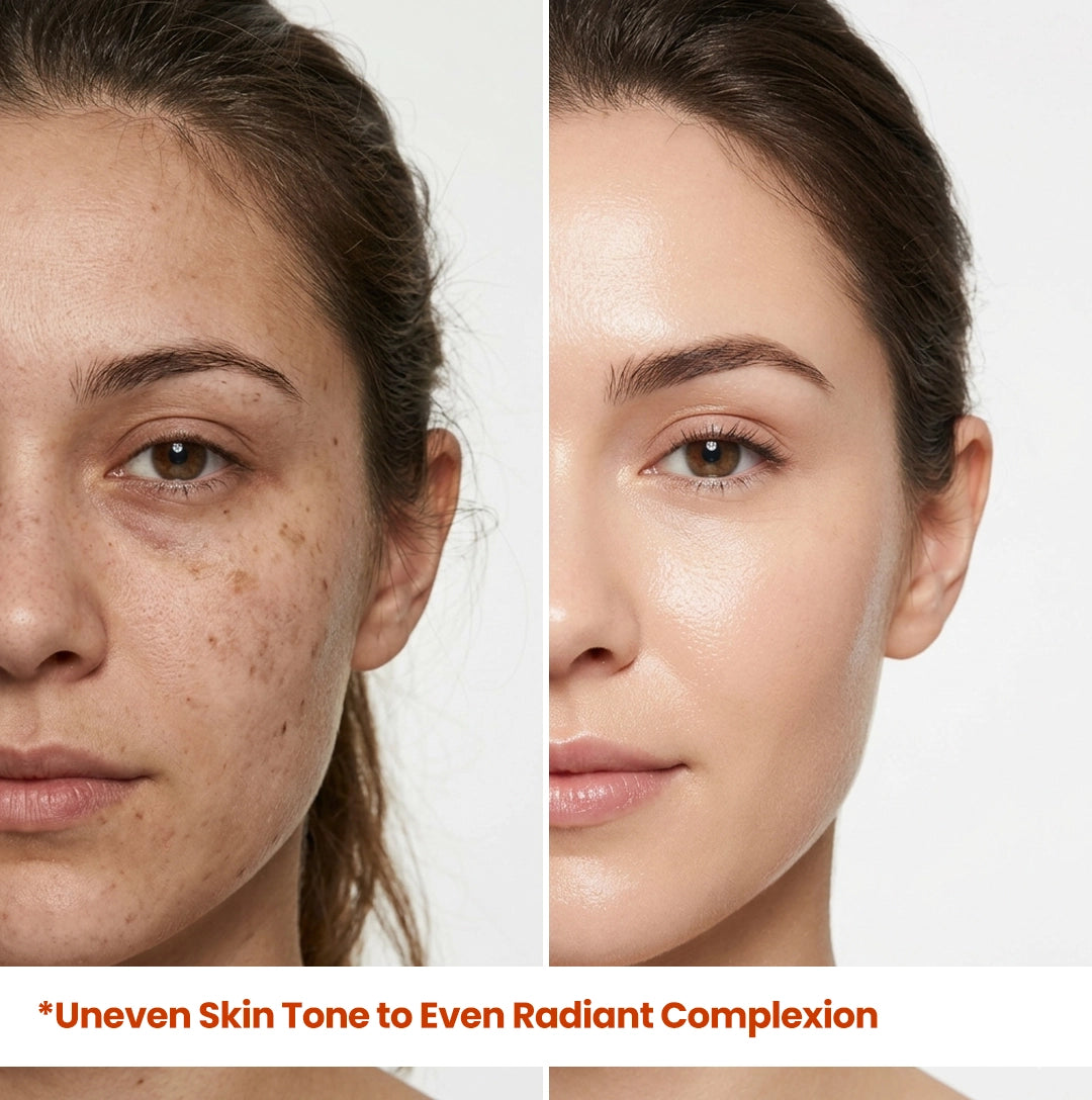 A side profile before-and-after split-face image focused on skin texture. The left side displays dull, textured skin with visible pores and acne scars. The right side shows a smooth, luminous glow with refined texture and increased brightness, showcasing the serum's ability to smooth and revive lackluster skin. Headline text: *Dull Textured Skin to Smooth Luminous Glow.