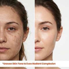 A side profile before-and-after split-face image focused on skin texture. The left side displays dull, textured skin with visible pores and acne scars. The right side shows a smooth, luminous glow with refined texture and increased brightness, showcasing the serum's ability to smooth and revive lackluster skin. Headline text: *Dull Textured Skin to Smooth Luminous Glow.