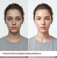 A front-facing before-and-after comparison photo. The left side shows tired, dull-looking skin with uneven patches. The right side shows a bright, revitalized, and healthy radiant skin appearance after treatment with HerbaNutrix Vitamin C Ultra Glow Serum. Headline text: *Tired Dull Skin to Bright Healthy Radiance. Demonstrates overall skin brightening and revitalization.