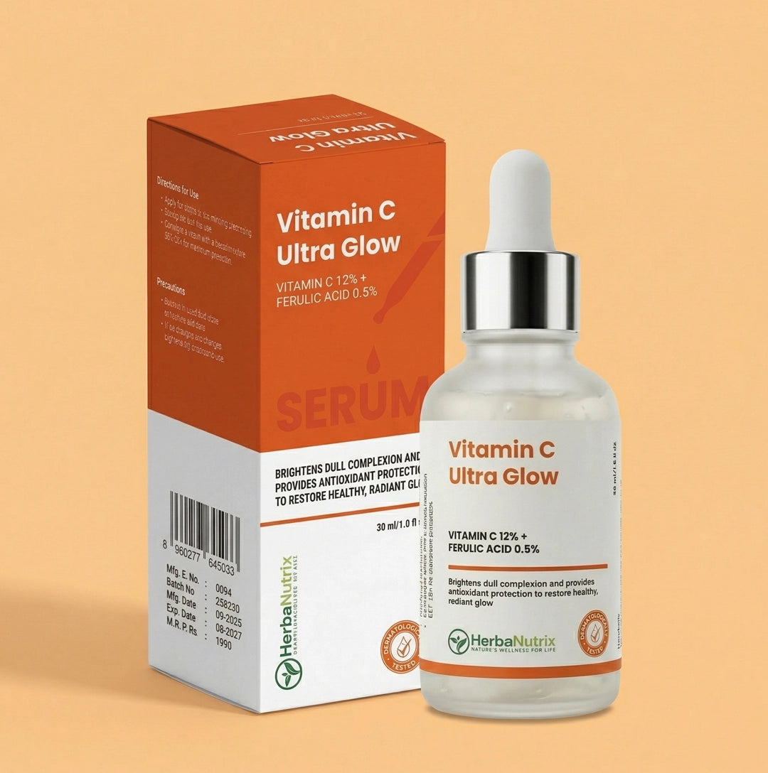 A detailed view of the complete label for HerbaNutrix Vitamin C Ultra Glow Serum. It confirms the clinical formula: 12% Sodium Ascorbyl Phosphate (stable Vitamin C), 0.5% Ferulic Acid, 1.5% Vitamin E, and 1% Hyaluronic Acid. The label lists product directions, key benefits including ultimate brightening and environmental defense, and ingredient details for this 30ml (1.0 fl oz) dermatologically tested serum.