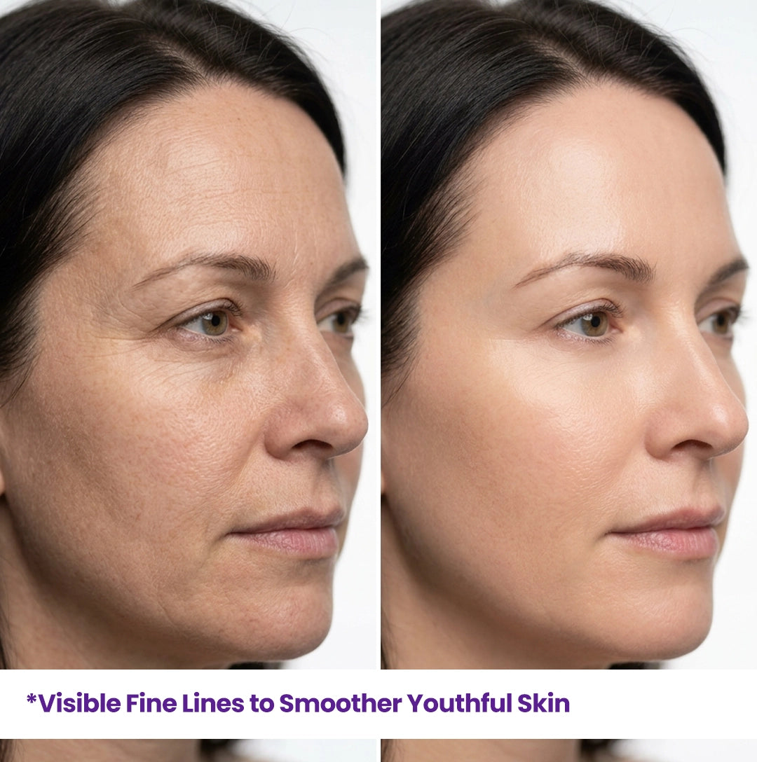 Real results comparison showing visible fine lines transformed into smoother, youthful-looking skin using HerbaNutrix Retinol Advanced Renewal treatment.