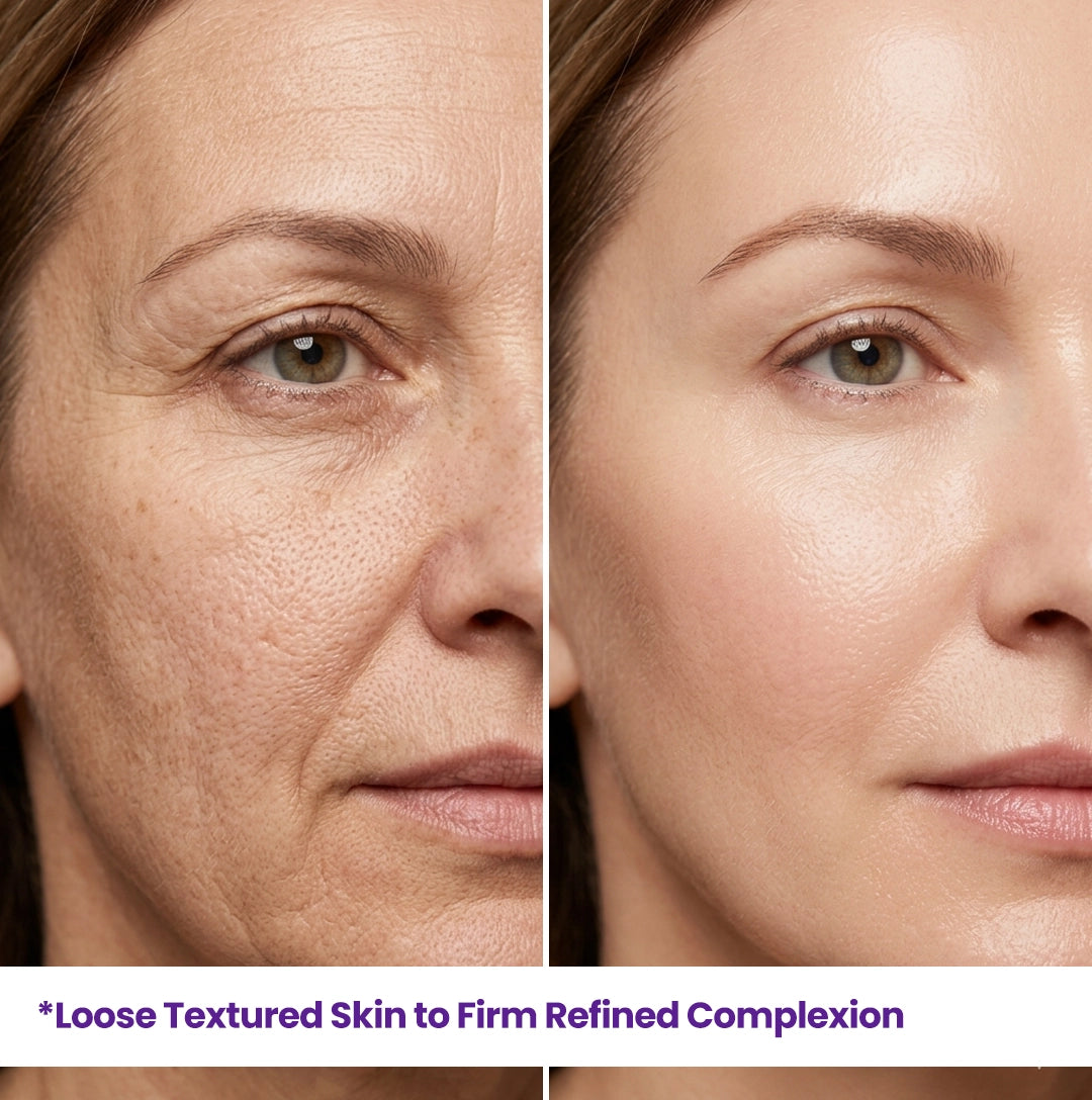Side-by-side comparison of loose, textured skin vs. a firm and refined complexion after consistent use of HerbaNutrix Retinol and Bakuchiol serum